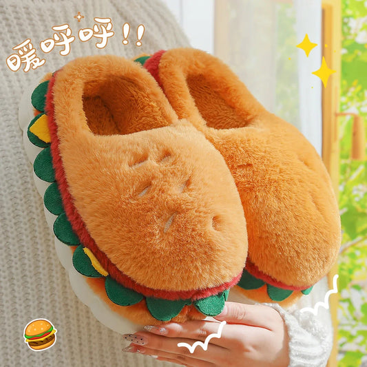 3D Hamburger Plush Slippers – Funny Thick Sole Non-Slip Soft Cartoon Indoor Slides