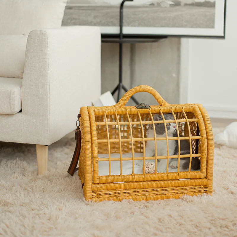 Luxury Rattan Pet Carrier Bag – Stylish Travel Tote for Cats & Small Dogs