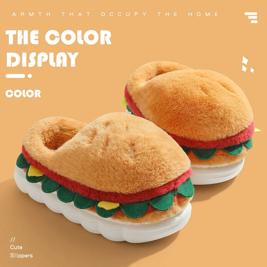 3D Hamburger Plush Slippers – Funny Thick Sole Non-Slip Soft Cartoon Indoor Slides