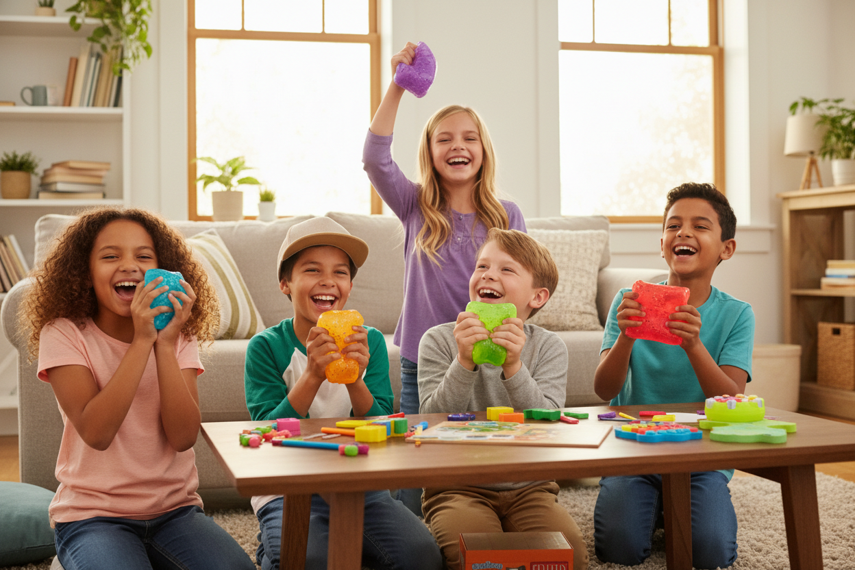 Tween kids playing with squishy Nee Doh cube toys